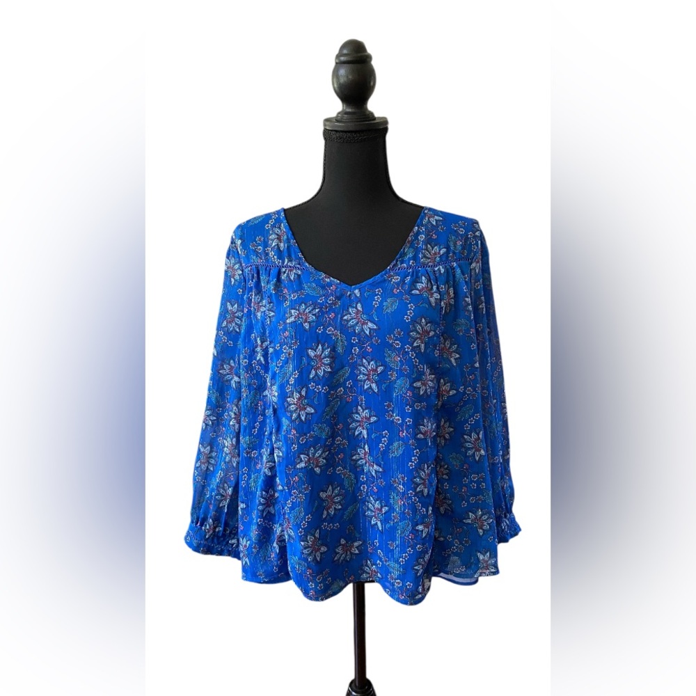 Dalia: Euro Blue V Neck Floral Bohemian Blouse with Golden Hues and Lace Detail